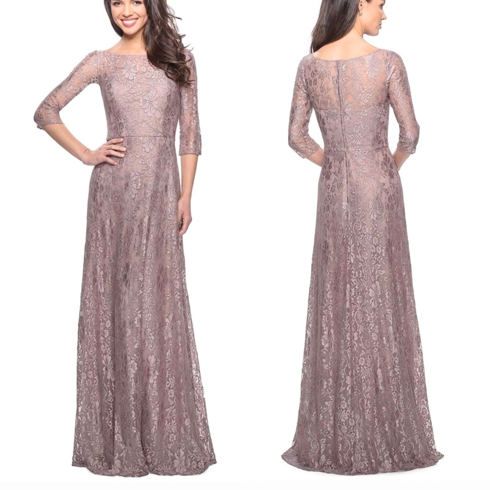 La Femme  Lace Quarter
Length Sleeve Bateau A-line
Dress size 6 Formal Gown - Picture 10 of 15